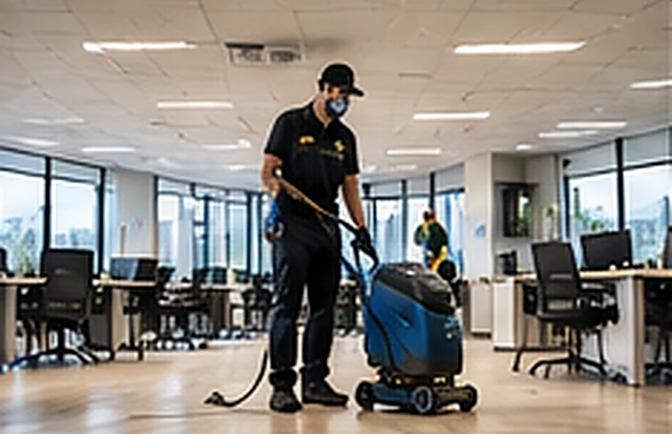 Illustrative worker using floor-cleaning equipment in a modern office
