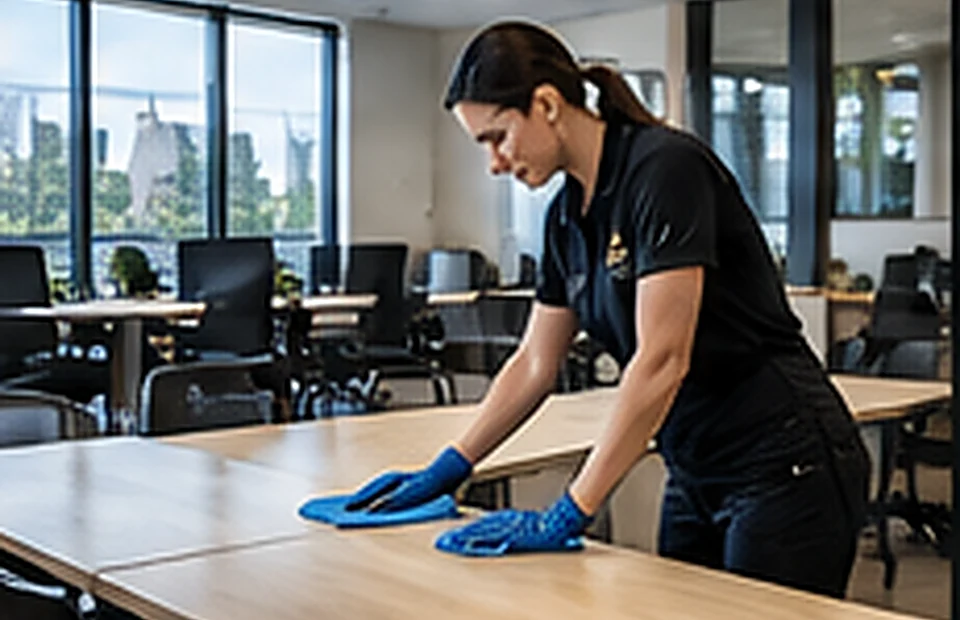Illustrative commercial cleaner wiping surfaces in an office