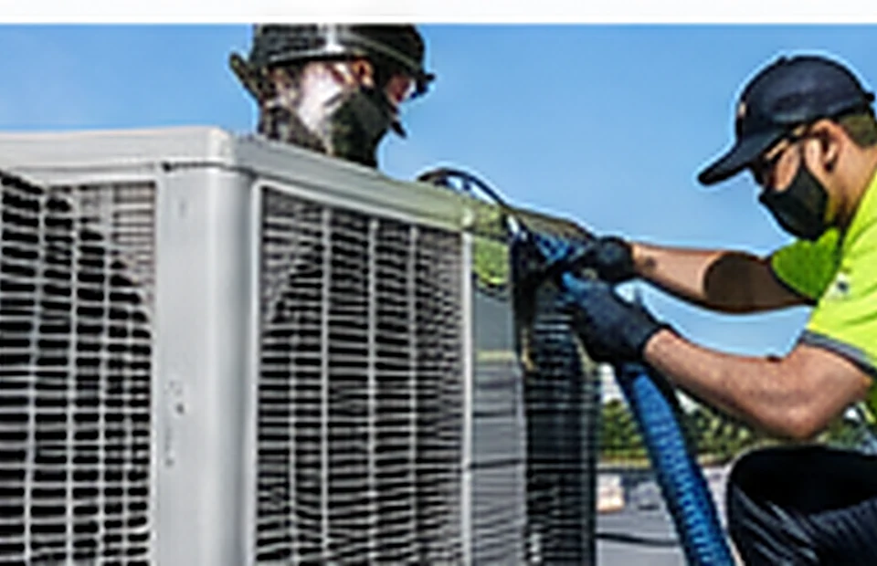 Illustrative HVAC technicians at roof-mounted unit